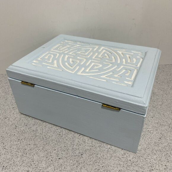 Vintage jewelry trinket keepsake box modified wood painted blue & white crafted - Picture 7 of 10